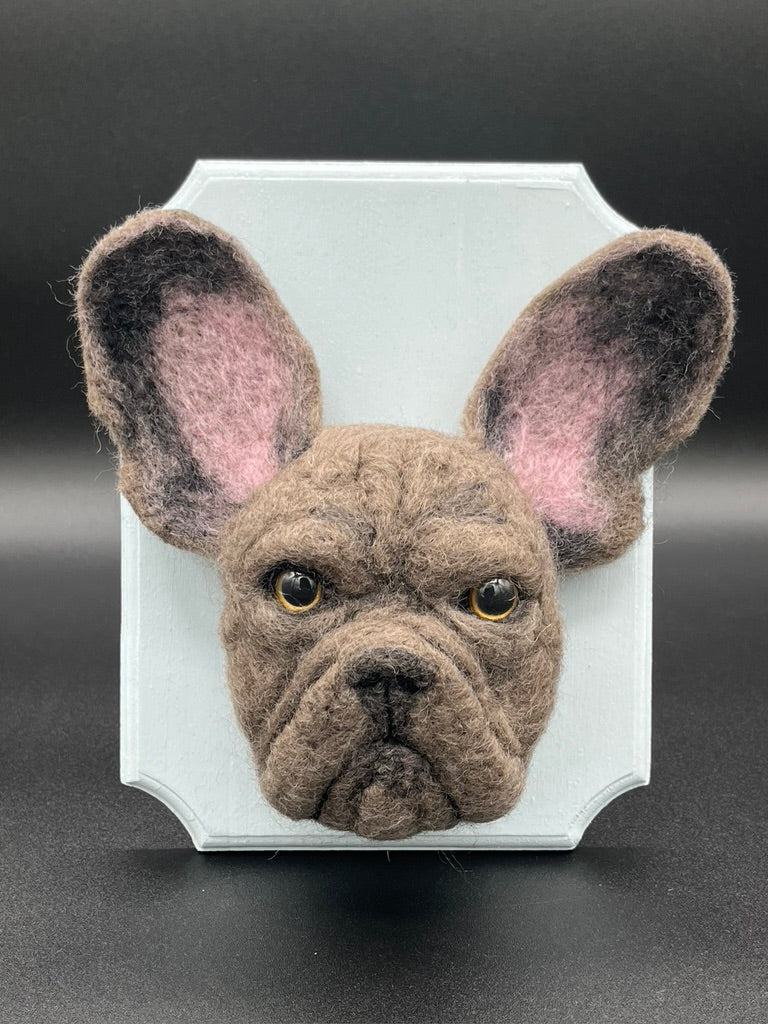 A custom needle felted portrait of a Boston Terrier dog