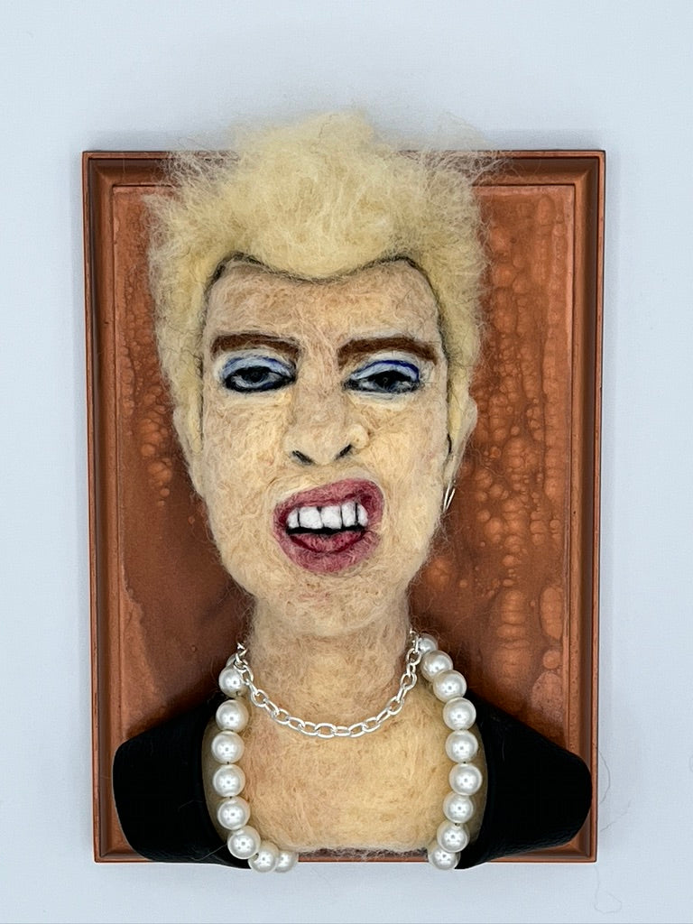 Billy Idol needle felted portrait mounted on a plaque