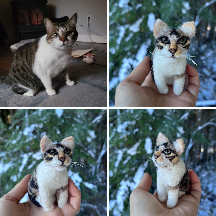 A needle felted pet portrait of a tabby kitty cat