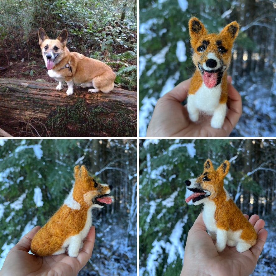 A needle felted pet portrait of a Corgi puppy dog