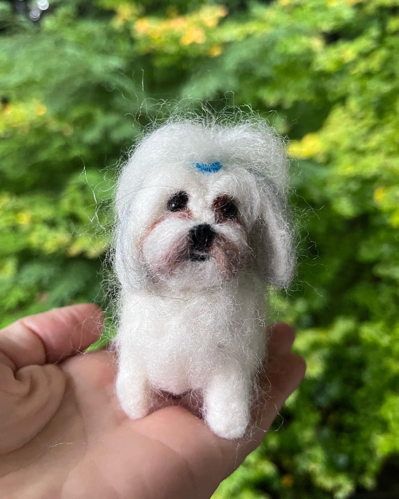 A needle felted pet portrait of a Shih Tzu dog