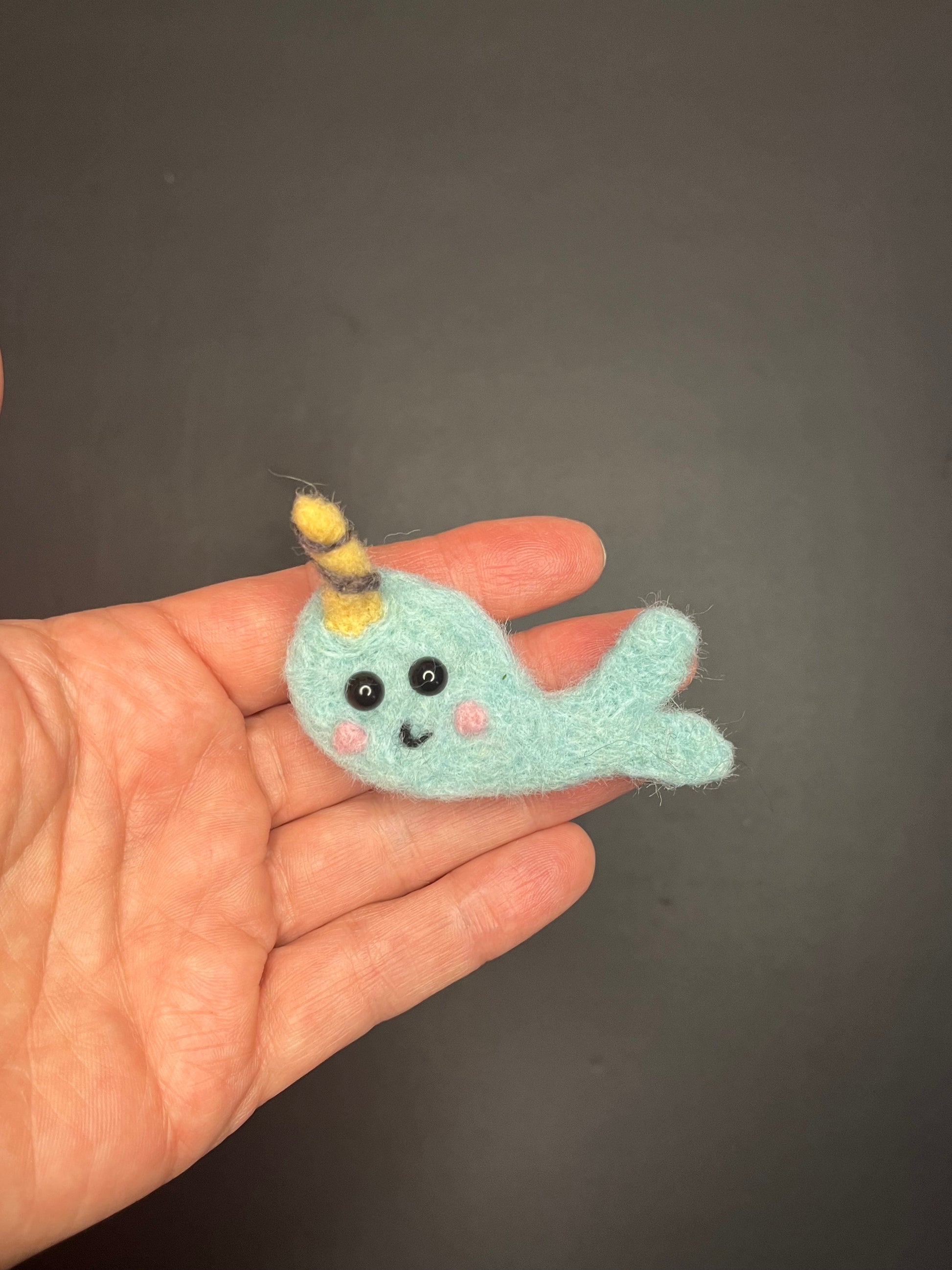 Adorable needle felted narwhal pin 